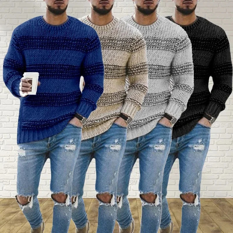 Autumn and Winter Fashion Men Simple Striped Round-neck Sweater Casual Knitted Pullover Sweaters 240821
