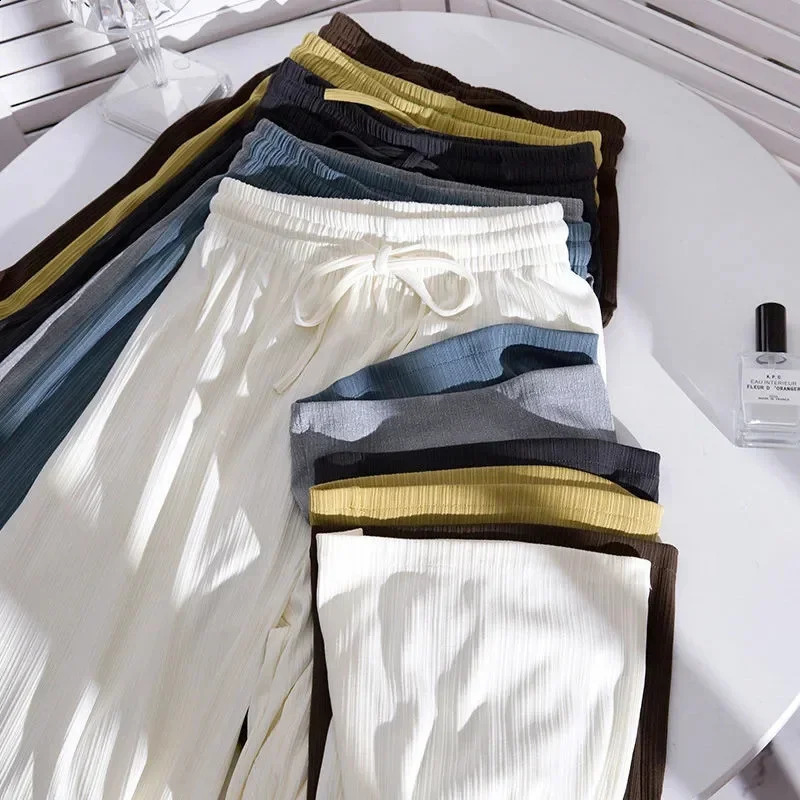 Purple Ice Silk Wide Leg Pants Womens Summer Thin Section Baggy Korean Style High Waist Straight Casual Trousers Y2k Clothes 240821
