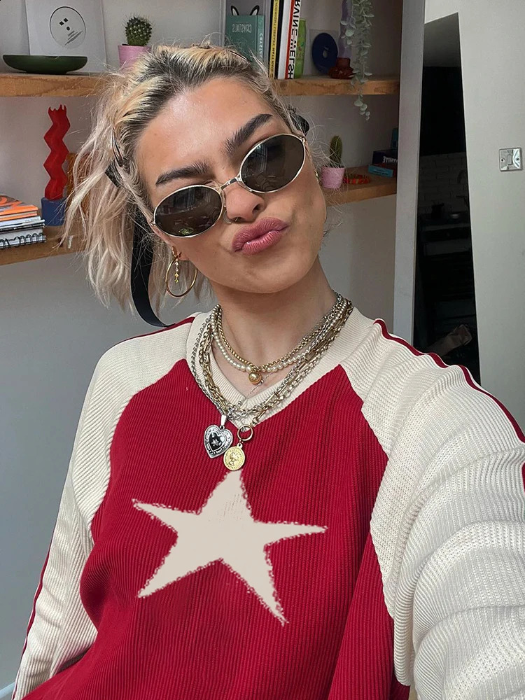 Rockmore Y2K Star Graphic Loose Sweaters Autumn Winter Harajuku Vintage Jumper Top Women Casual Long Sleeve Pullover 90s Grunge 240821