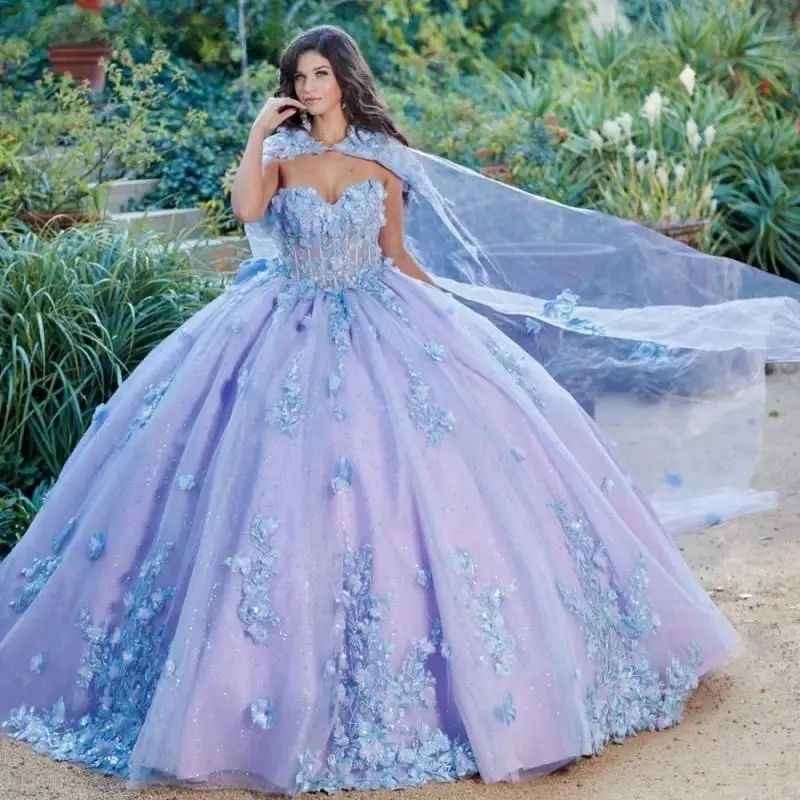 Lavender Off The Shoulder Quinceanera Dresses Lace Applique Beading Tull With Cape Sweet 16 Vestidos De XV 15 Anos Ball Gown