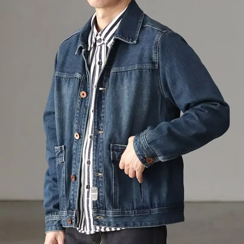 Japanese Retro Denim Jacket Men Washed Pocket Spring Autumn Jackets Mens Amikaji American Casual Pocket Tooling Outwear 240821