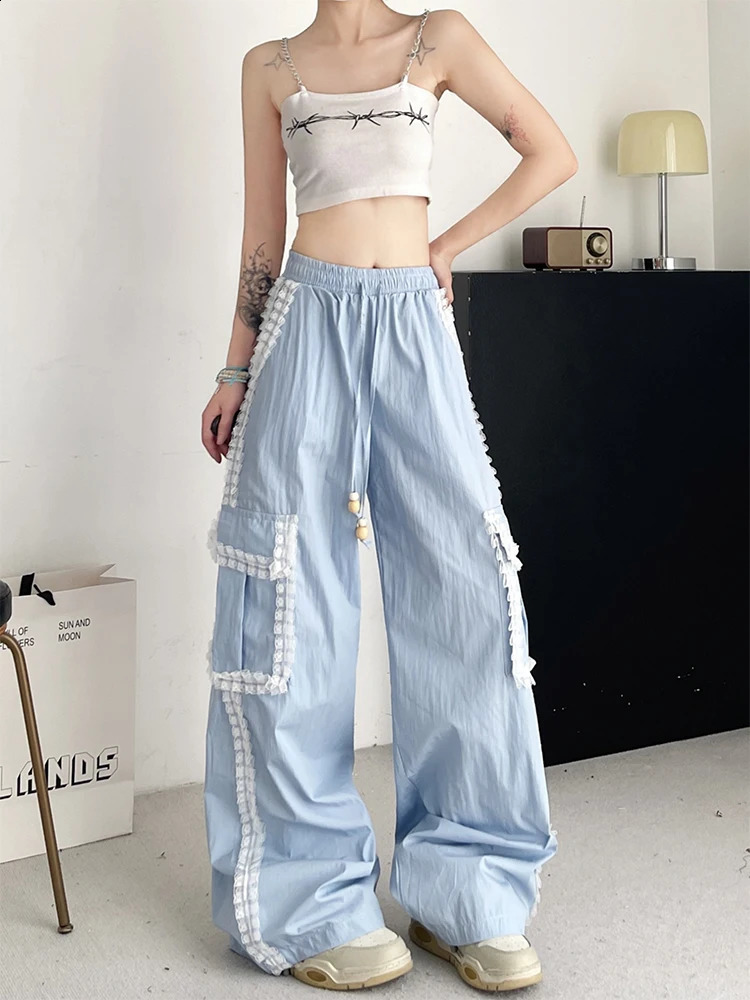Womens Blue Cargo Pants Baggy Streetwear Harajuku Japanese 2000s Style Y2k Lace Parachute Pants Vintage Trousers Clothes 240821