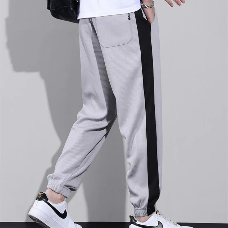 Versatile Street Thin Loose Breathable Sports Casual Pants Mens Trendy Pockets Patchwork Contrast Drawstring Straight Trousers 240822