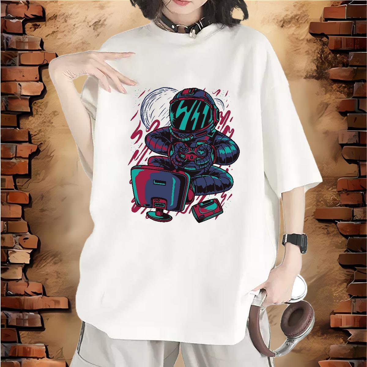 Nice Womens Tshirts 100% Cotton 230g universe Daily Wear T Shirts Women Crew Neck Breathable Cartoon Floral Printing Clothings