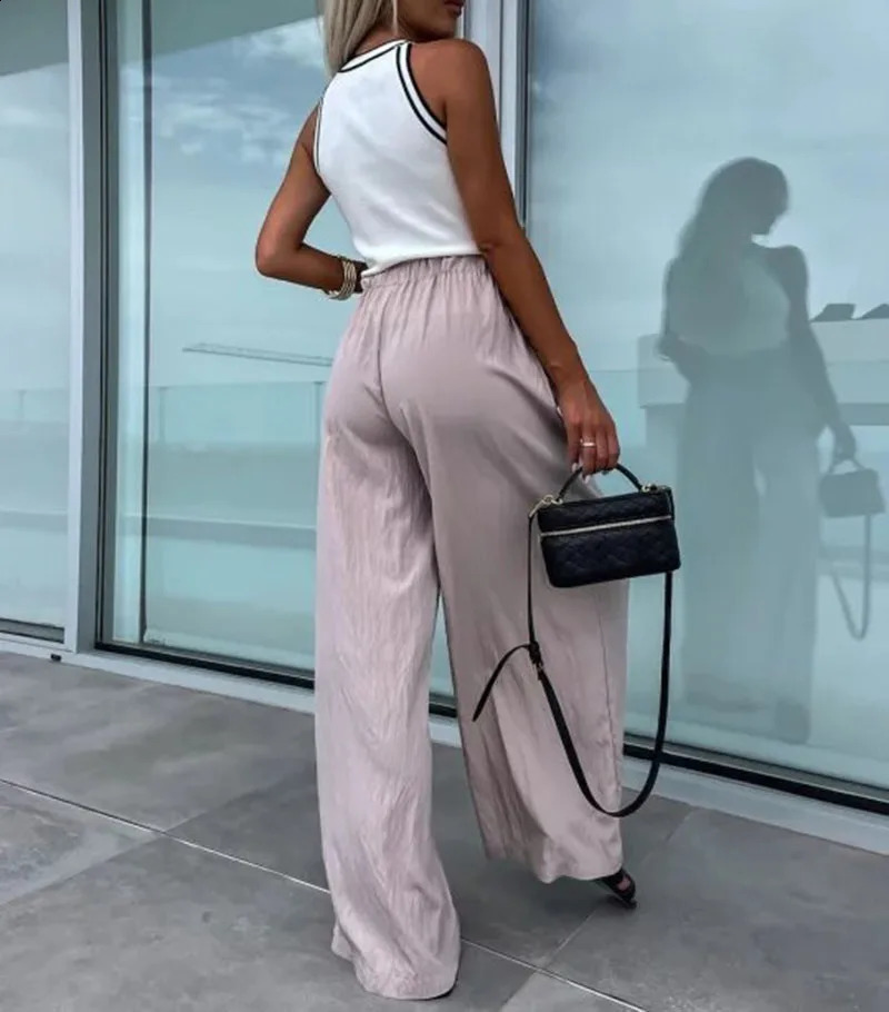 Womens Y2K Casual Solid Pants Drawstring Elastic Waist Loose Straight Long Trousers with Pockets Streetwear 240821