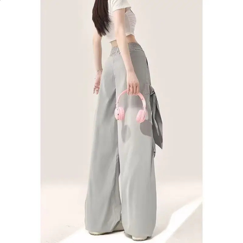 Grey Bow Elastic Waist Casual Summer Pants for Women American Street Trend Cute Loose Wide Leg Straight Y2k Korean Trousers 240821