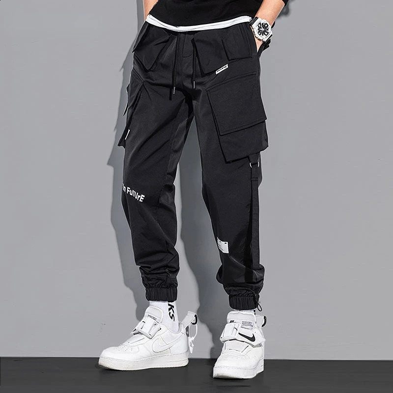 Mens Cargo Pants Fashion Hip Hop Multi-Pocket Casual Trousers Trendy Streetwear Solid Sweatpants Elastic Waist Loose Harem Pant 240822