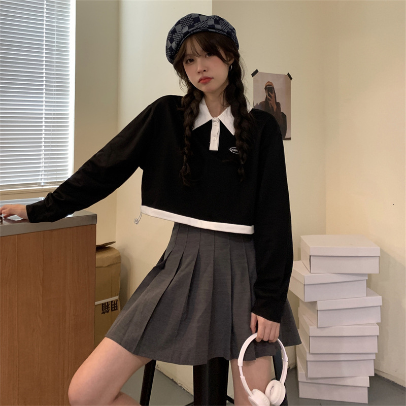 autumn slim design, loose and slimming, high waist short, drawstring long sleeved sweatshirt, women's lapel pullover top dongdumaoyi