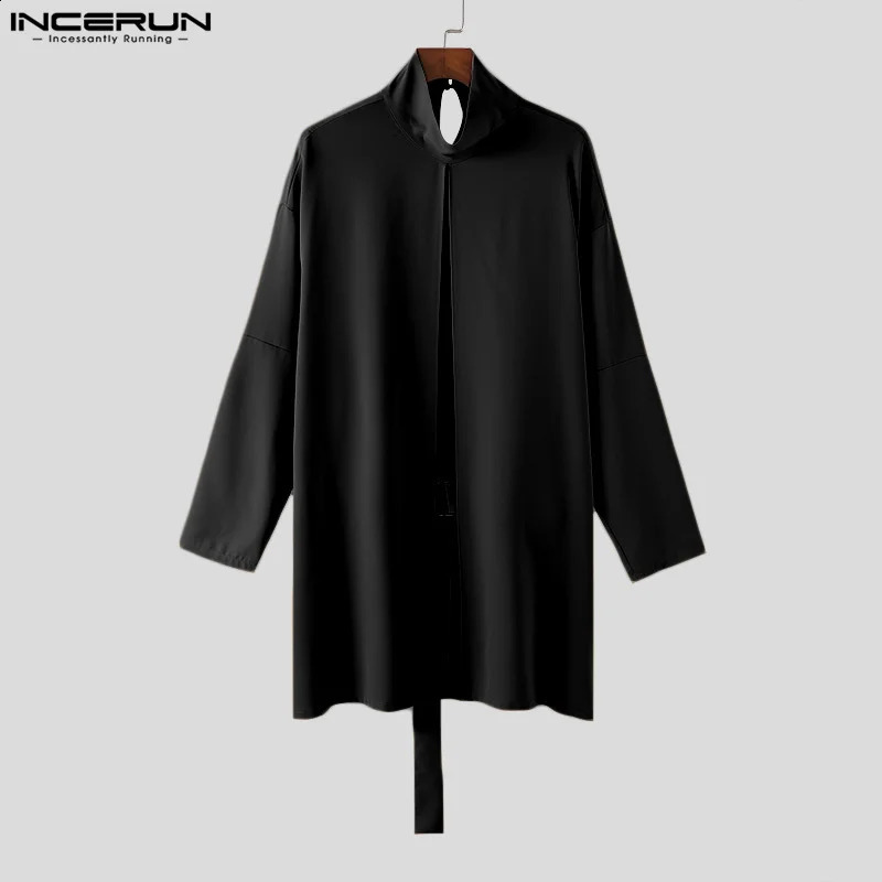 INCERUN Men Cloak Coats Turtleneck Long Sleeve Streetwear Casual Trench Loose Solid Color Open Stitch Fashion Male Ponchos 240822