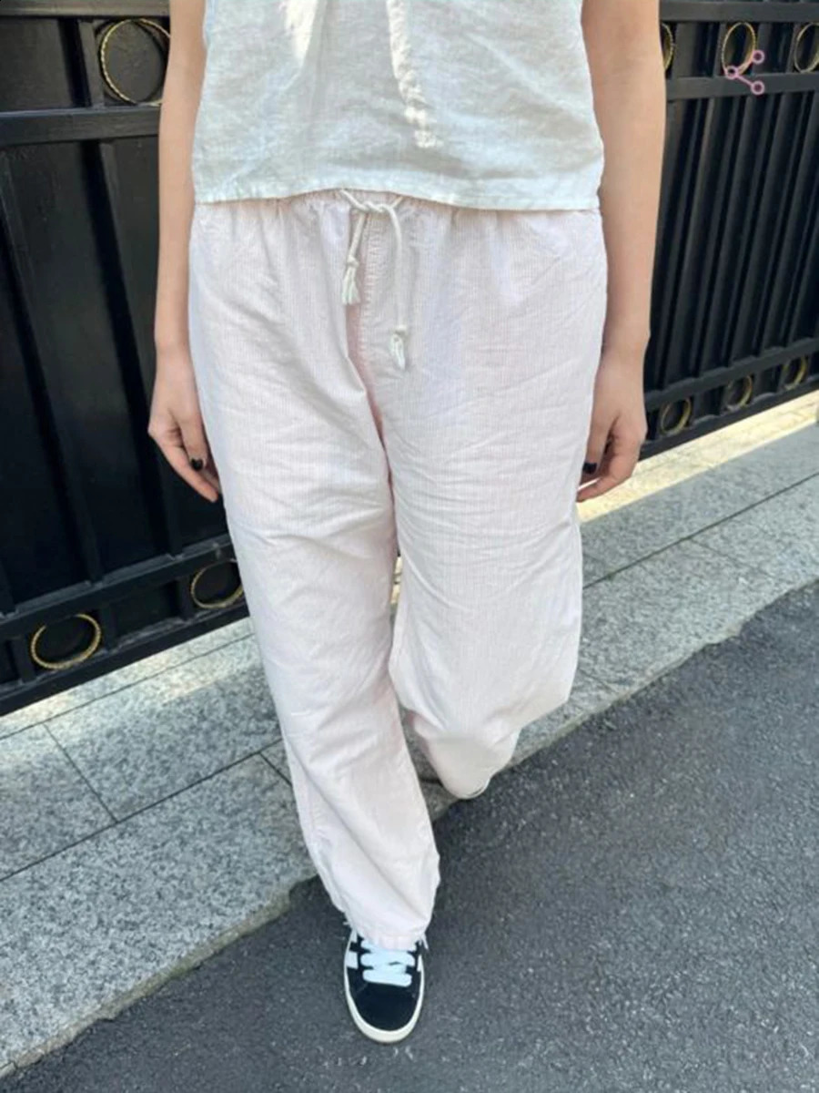 Pink Striped Linen Drawstring Long Pants Women Summer High Waist Casual Straight Pant Y2k Vintage Streetwear Loose Trousers 240821