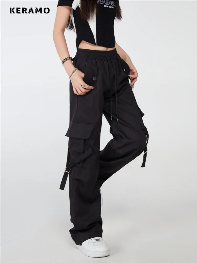 Womens High Street Casual Overalls Solid Green Loose Wide Leg Pants American Retro Elastic Waist Y2k Drawstring Cargo Pants 240821