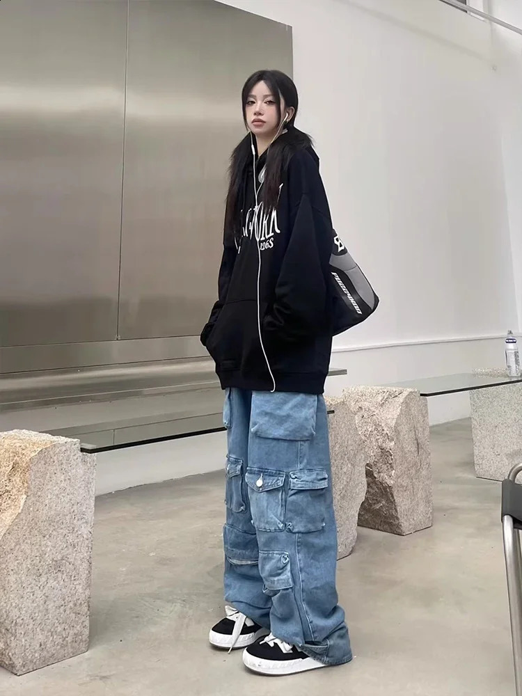 Fashion Washed Jeans Multi-Pocket Cargo Pants Y2k Retro Streetwear High Waist Jeans Casual Wide Leg Pants Blue 240822