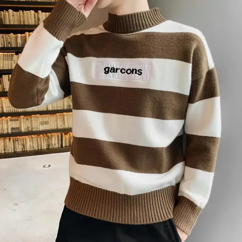 Mens Clothing Turtleneck Knit Sweater Male Pullovers Black High Collar Striped Old Korean Style Fun in Knitwears Loose Fit 240821
