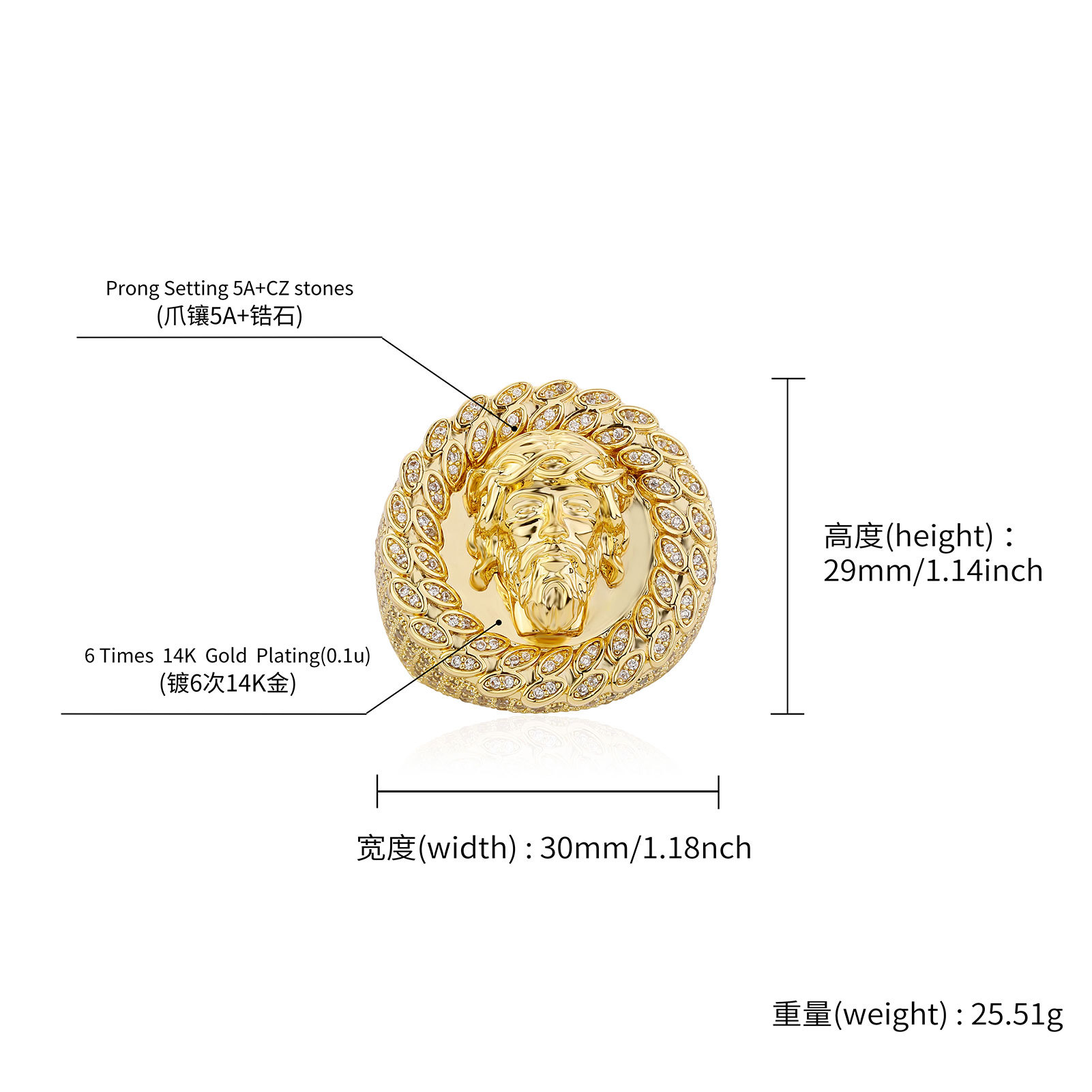 Hip Hop TopBling Full Zircon Statue Ring 14K Real Gold Plated Mens Rap Jewelry Gift