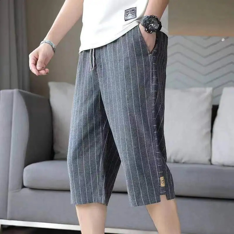 Summer Mens Cotton Linen Cropped Pants Fashion Casual Loose Wide Leg Straight Trouser Vintage Calf-Length Shorts Streetwear 240822