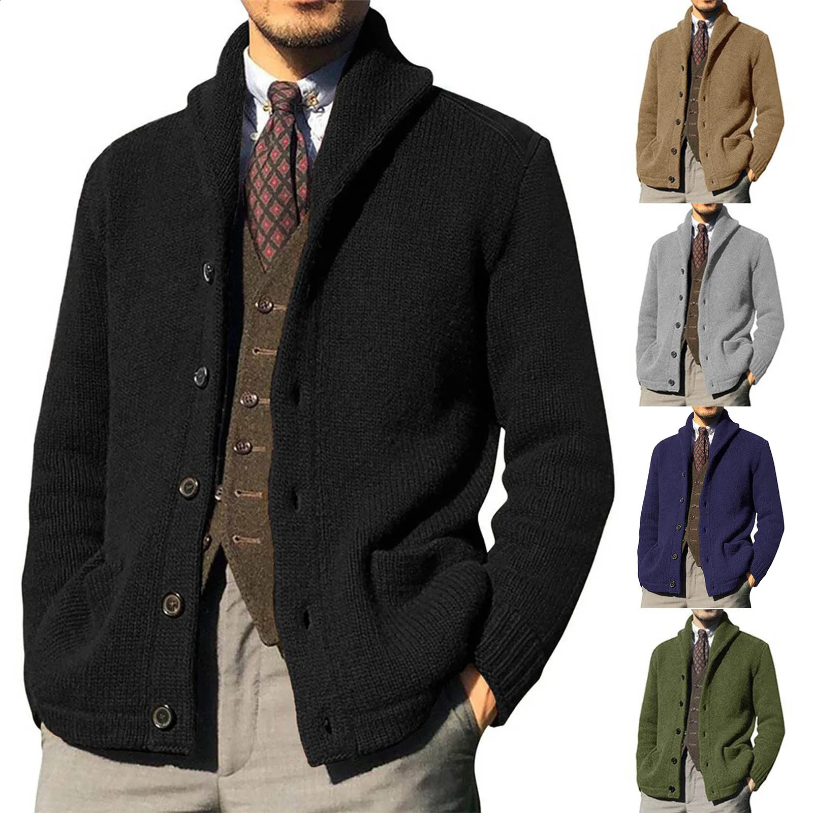 Mens Knitted Sweater with Collar Long Sleeve Thick Open Wool AutumnWinter Solid Button Warm 240821