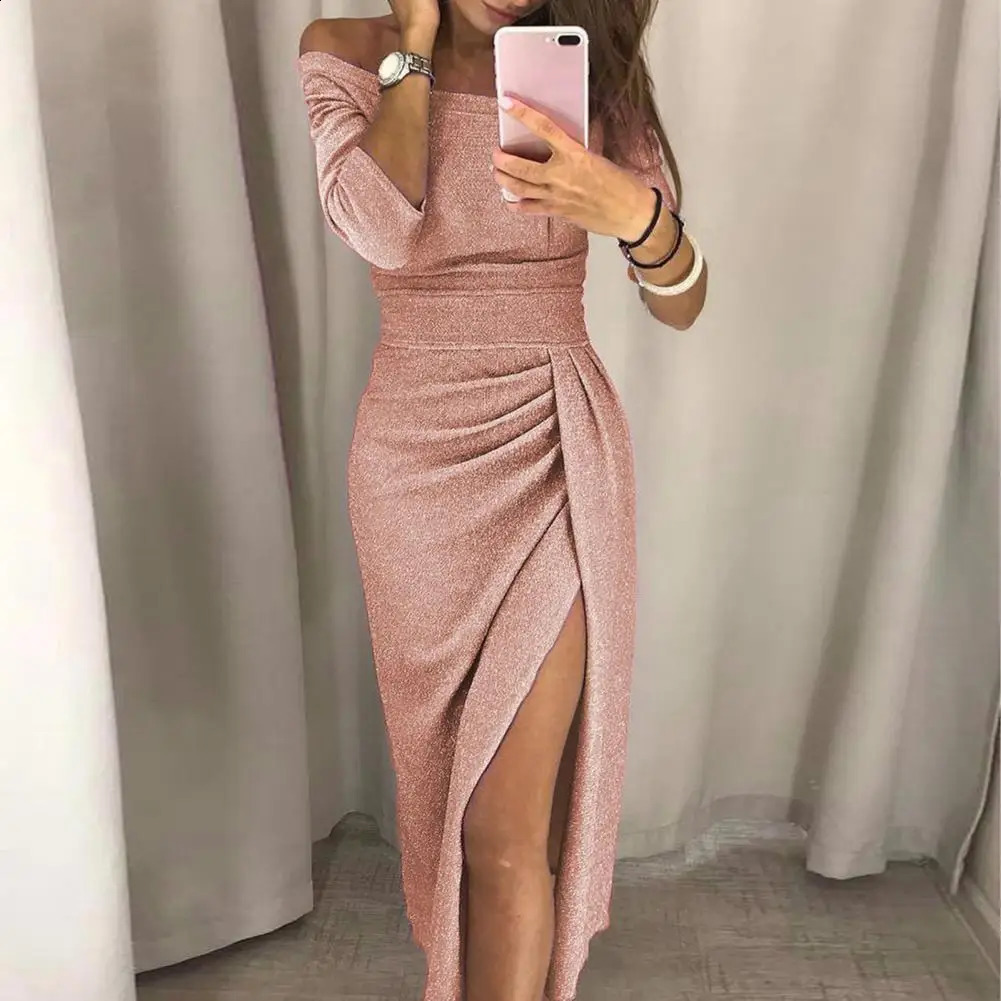 Shiny Vintage Translucent Women Dress Pleated Bodycon Dress Sexy High Waist Lady Split Evening Dresses Elegant Party Dress 240822