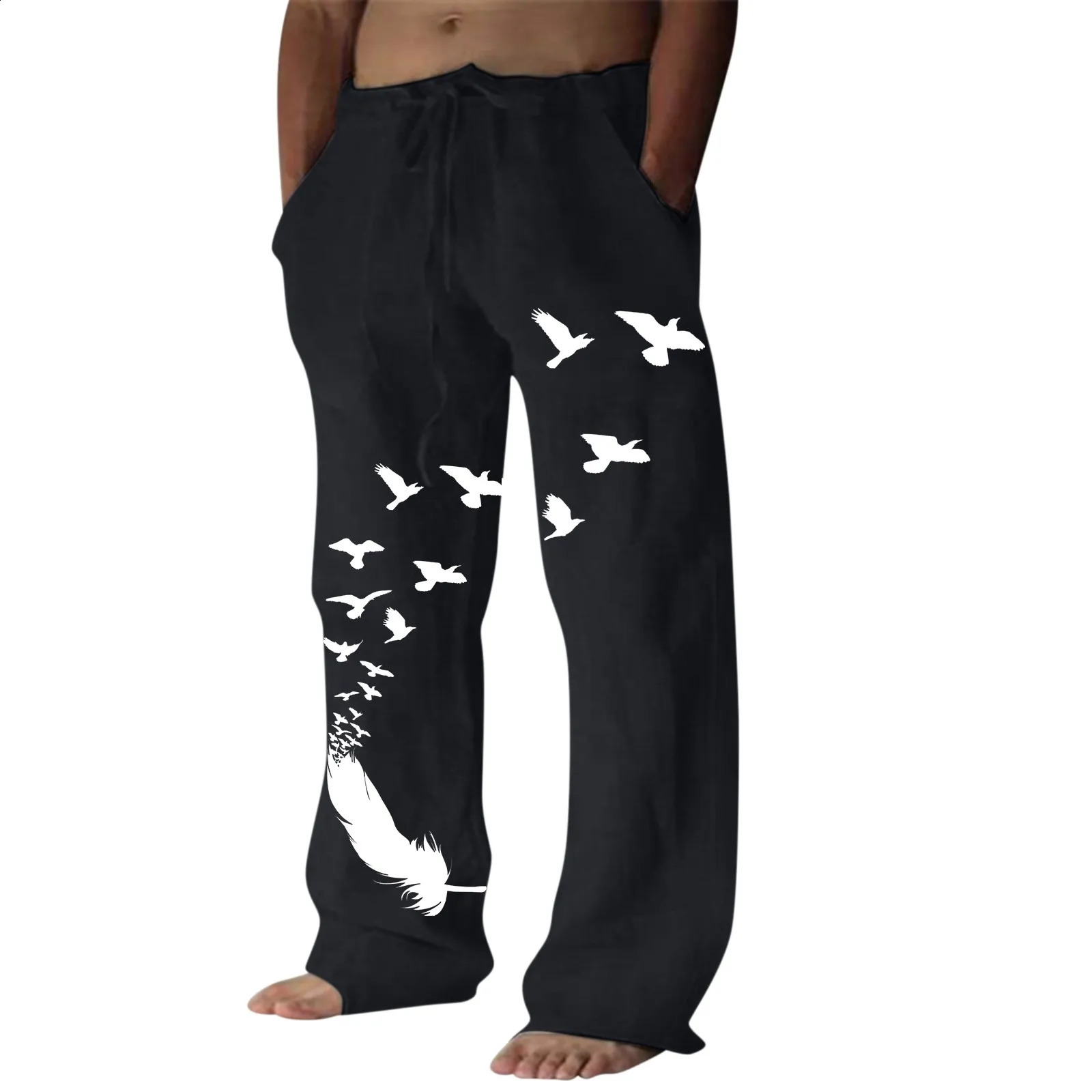 Casual Pants Mens Pocket n Linen Pants Drawstring Loose Trouser Plus Size Mens Fashion Birds Feather Print Sweatpants 240822