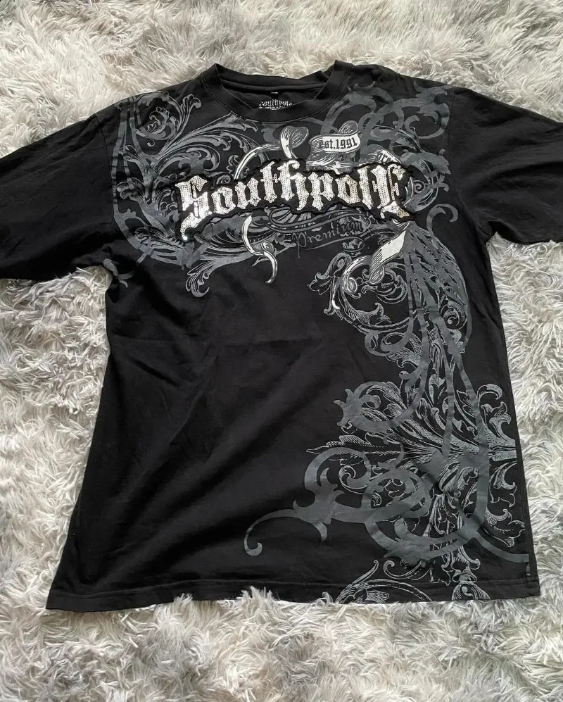 Y2K retro Tshirt hiphop round neck oversized mens short sleeved gothic clothing top fashionable streetwear 240821
