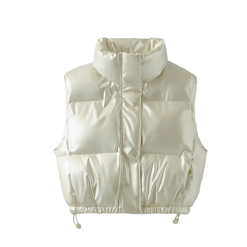 Winter Warm Sliver Glossy Puffer Vest Women Black Stand Collar Bodywarmer Vest Women Fashion Zipper Elegant Short Vests Female 240822
