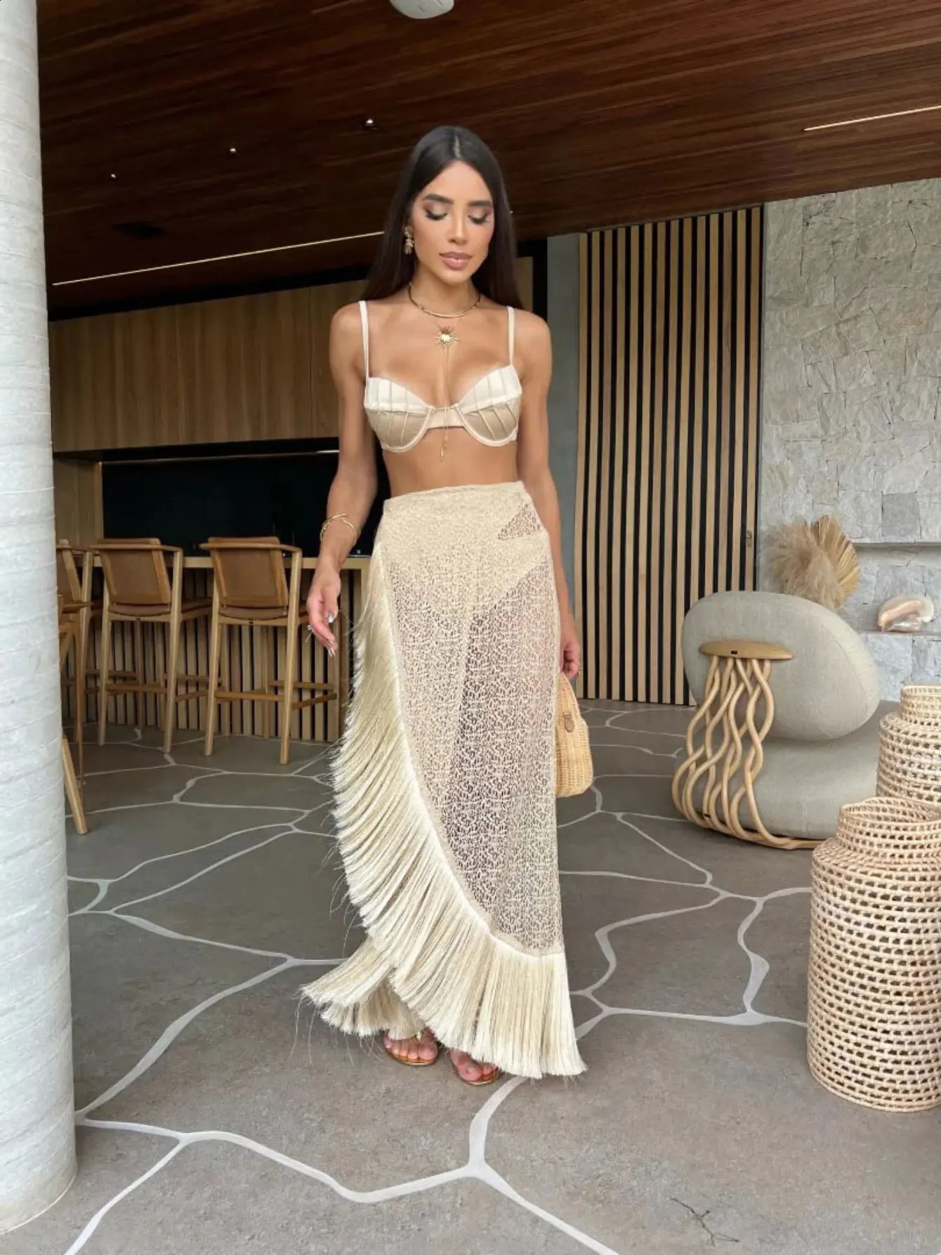 Fashionable and sexy solid three piece bikini set padded bra tassel high waisted beach skiing swimsuit summer holiday 250313