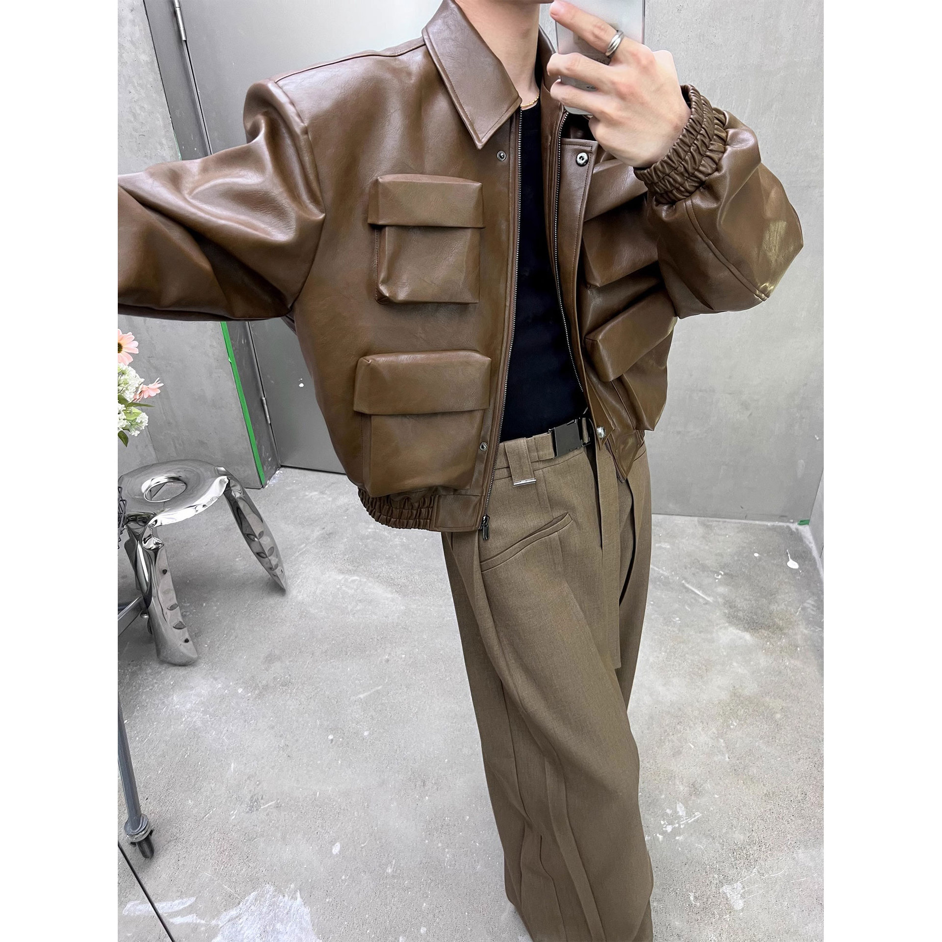 Korean Style Silhouette Design Leather Jacket for Mens Spring and Autumn New Loose Casual Versatile Jacket Top