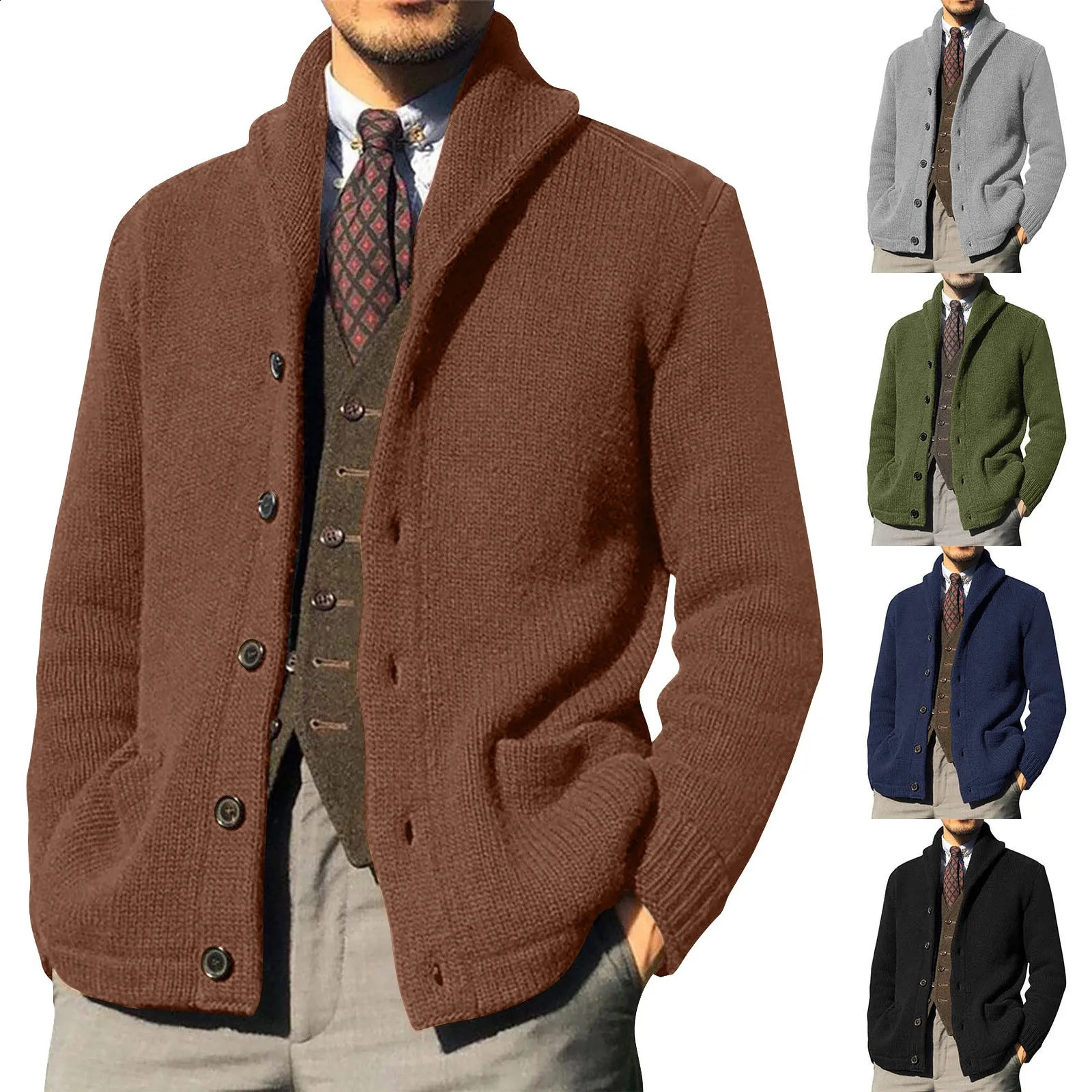 Mens winter cardigan solid shawl collar button down cable knit sweater casual jacket mens clothing 240821