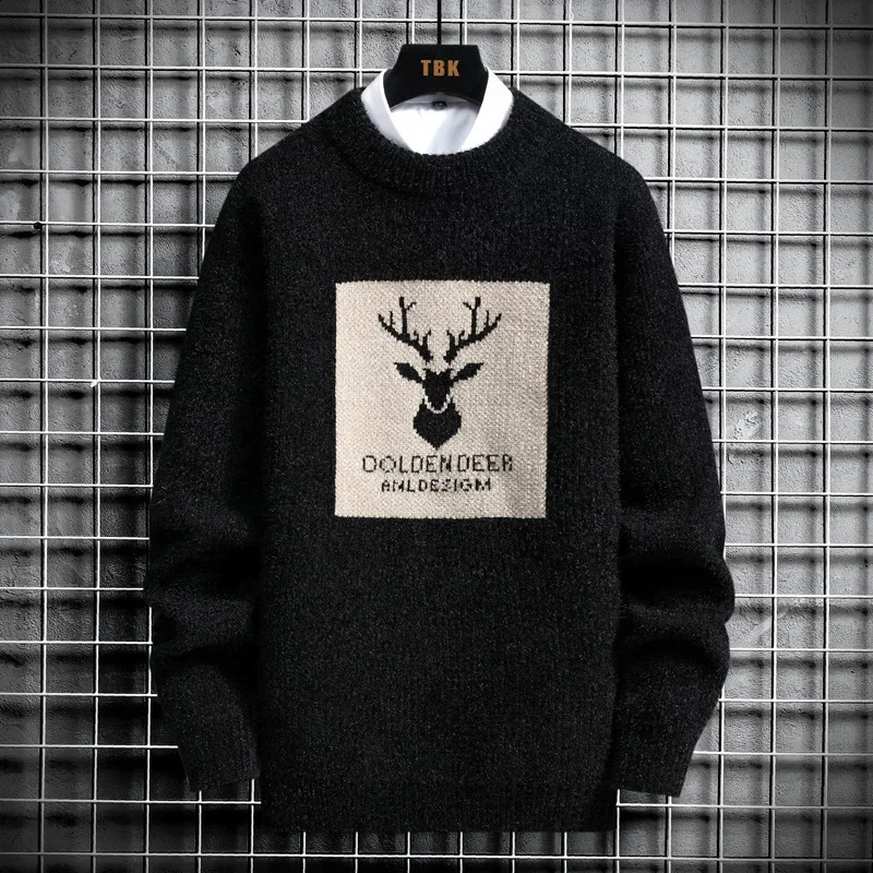 Autumn Vintage Sweaters Ugly Sweaters for Men Knitted Sweater Men Deer Print Pullover Harajuku White Padded Velvet Sweater 240821