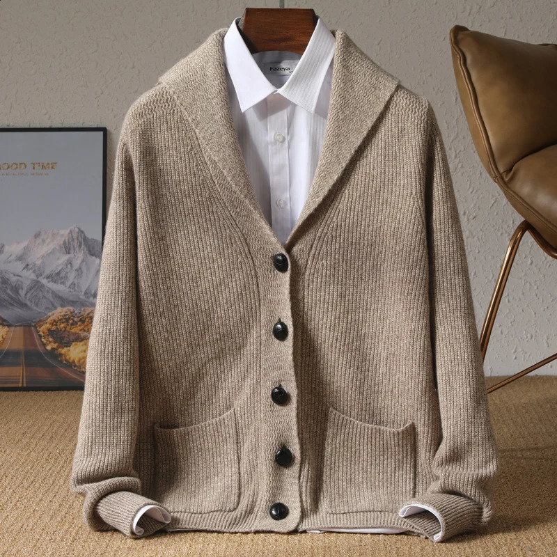 Autumn and winter 100% pure cashmere knit cardigan mens anti-collar solid color padded sweater with business and leisure co 240821