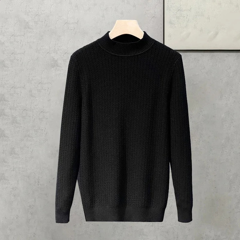 Mens Spring and Autumn Solid Color Casual with Bottom Line Japanese Trend Single Pull Knitted Sweater Half High Collar 240821