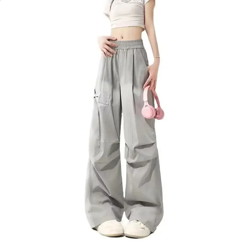 Grey Bow Elastic Waist Casual Summer Pants for Women American Street Trend Cute Loose Wide Leg Straight Y2k Korean Trousers 240821