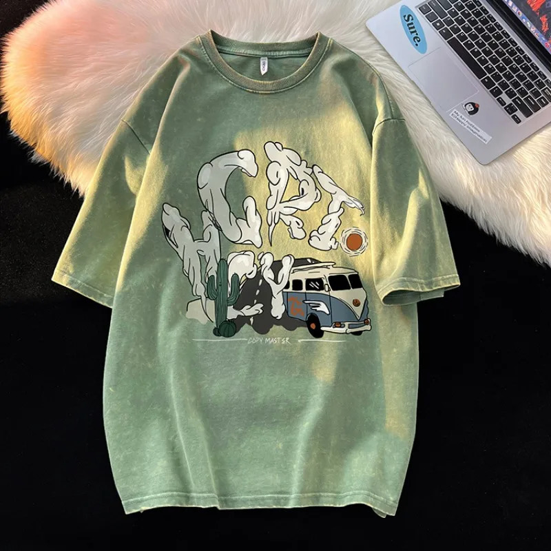 Cartoon graphic wash Tshirt mens oversized Oneck hiphop street short sleeved college couple y2k top 240822