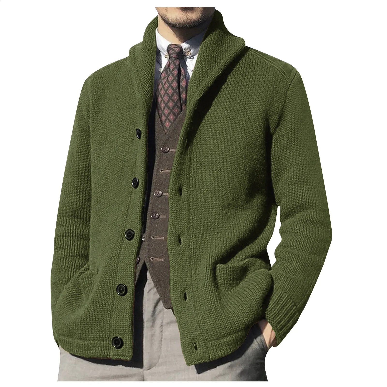 Mens winter cardigan solid shawl collar button down cable knit sweater casual jacket mens clothing 240821