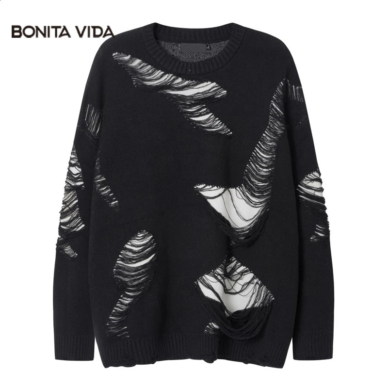 Vintage Sweater Grunge Ripped Hole Knitted Solid Plain Jumpers Streetwear Hip Hop Harajuku Men Punk Gothic Long Sleeve Sweaters 240821