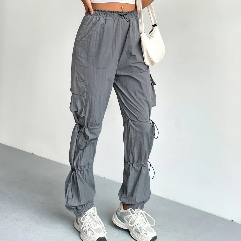 Y2k Women Cargo Pants Gray Sweatpants Draw String Multi-pocket Casual Trousers Elastic Waist Streetwear Vintage Joggers Female 240821