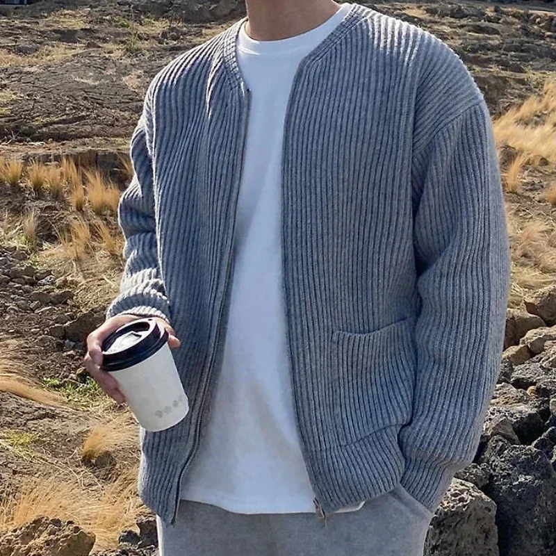 Man Clothes Jacket Knitted Sweaters For Men Zip-up Zipper Cardigan Round Collar Crewneck Coat No Hoodie Chic Elegant Casual A X 240821
