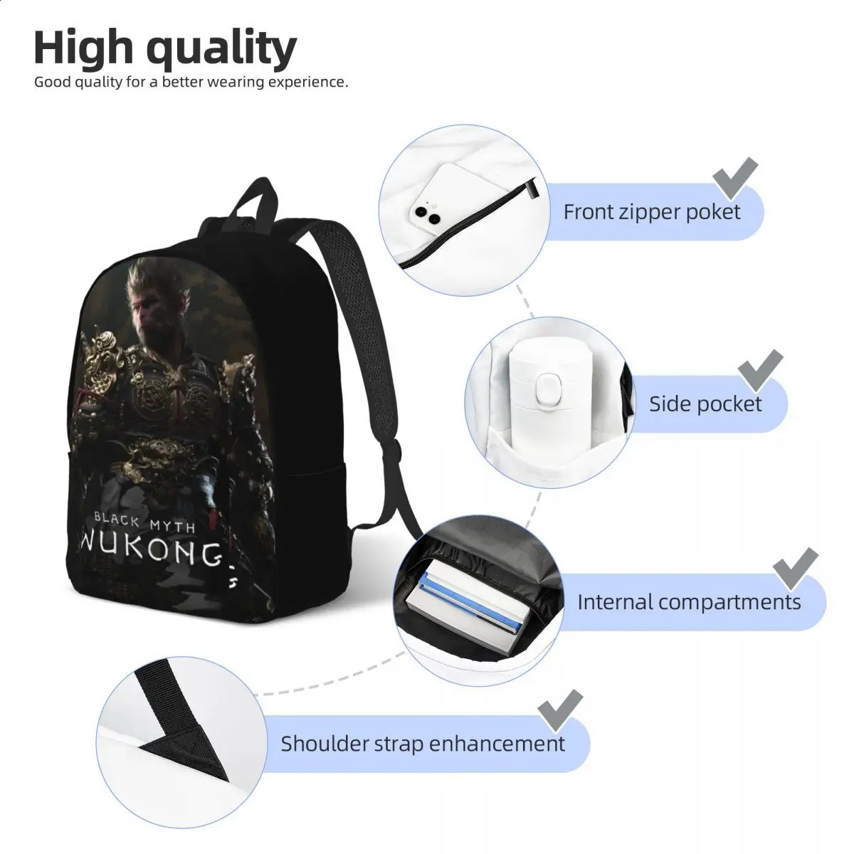 Black Myth Martial Arts Mens Backpack Womens Leisure High School Business 3A Video Game Academy Shoulder Bag Gift 240822