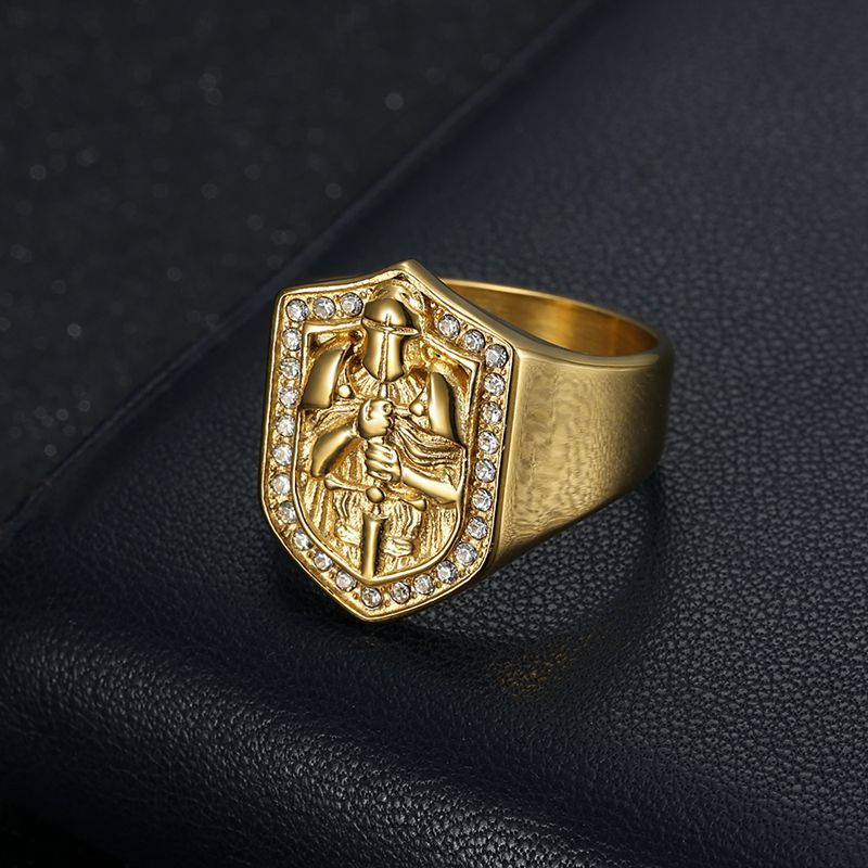 Vintage Casting Knights Templar Ring 316L Stainless Steel Gold Plated with Zircon Jewelry