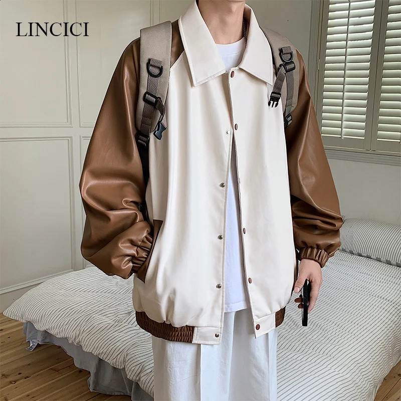 Autumn Loose Mens Retro Leather Jacket with Color Blocking and Hidden Button n Unisex Solid Color Youth Jacket 240822