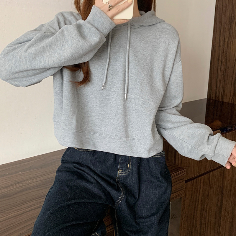 College solid color simple loose slimming short long sleeved sweatshirt for women Spring and Autumn new style pullover hooded top dongdumaoyi