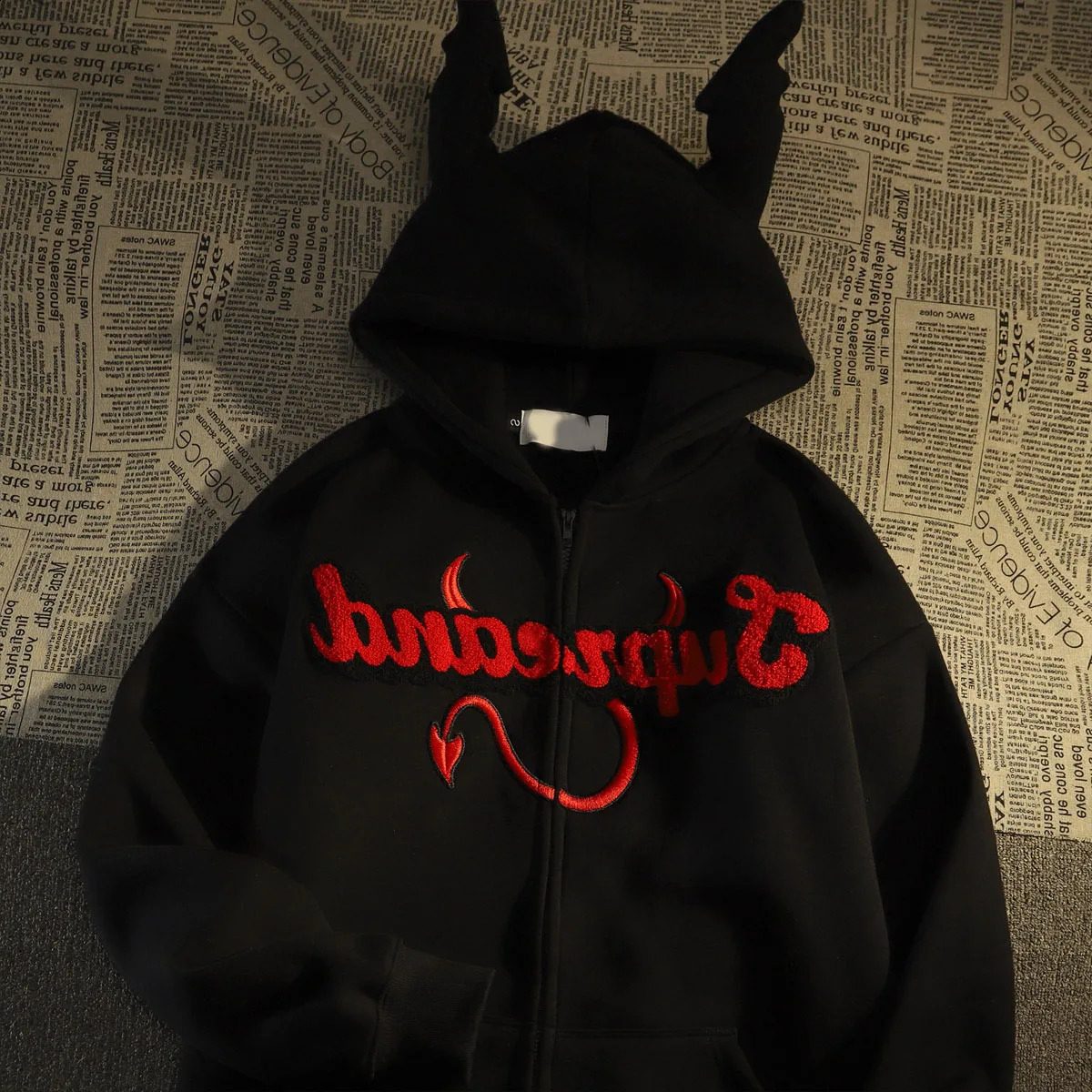 Harajuku Little Devils Corner Flocked Hoodies Women Sweet Cool Embroidery Jacket Couples Coat Oversized Streetwear Y2k Clothes 240821