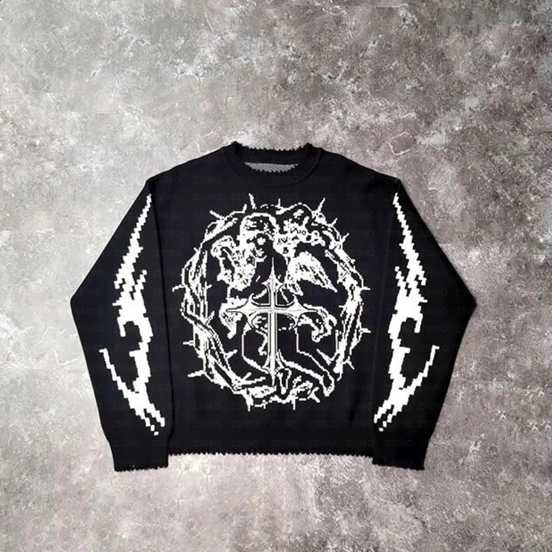Hip hop streetwear knitted sweater mens Gothic pattern oversized pulled winter Harajuku cotton Y2K top 240821