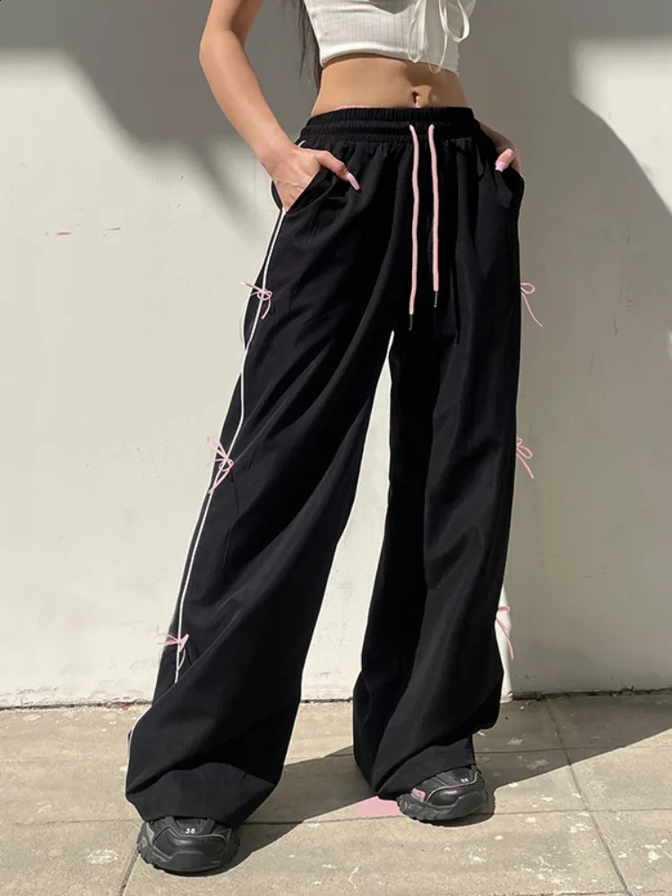 Streetwear Black Bow Femme Vintage Drawstring Wide Leg Pants for Women Y2k Aesthetic Trousers Harajuku Loose Summer Bottoms 240821