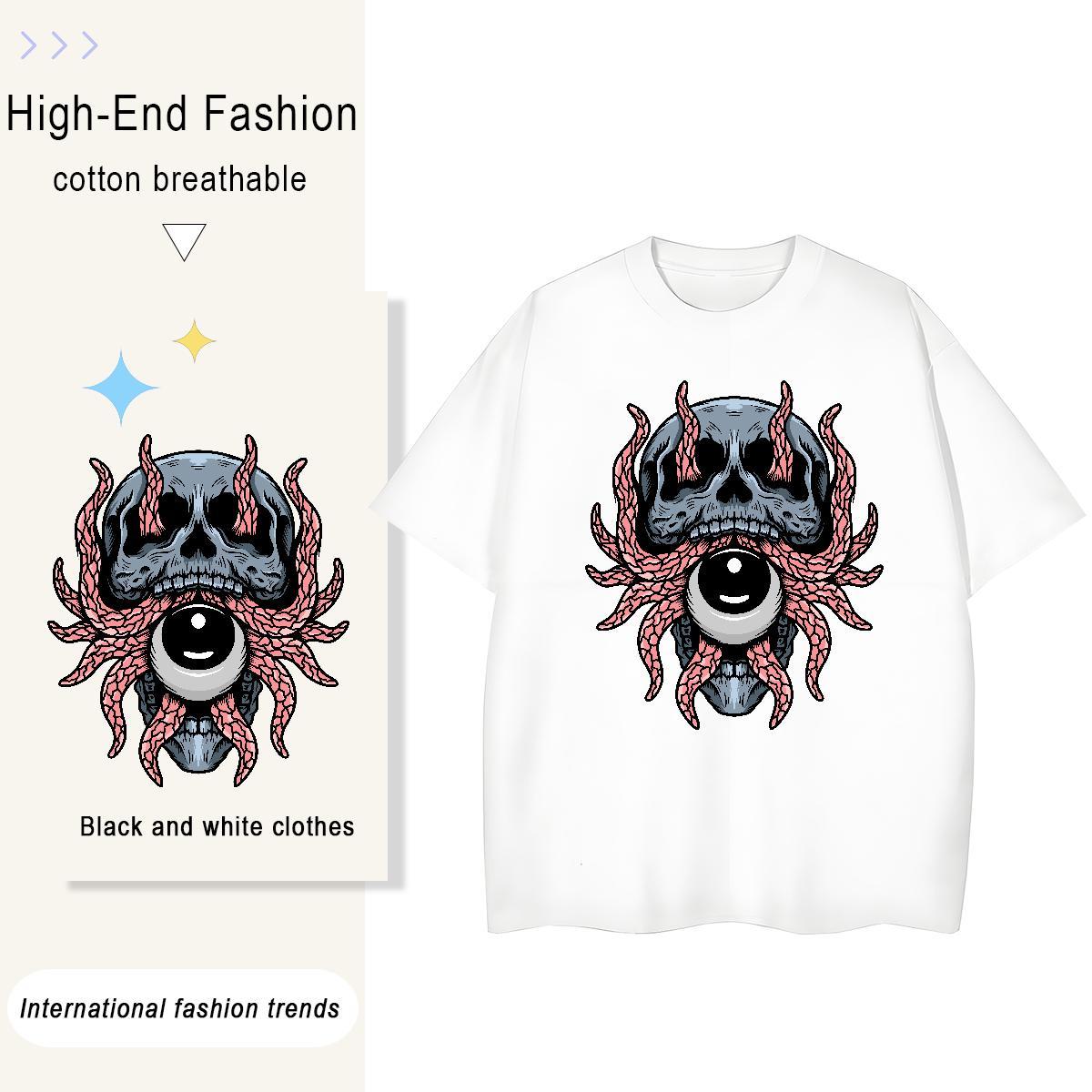 2024 T-Shirts 100% Cotton 230g Breathable Sports Casual skull Unisex Tshirts Loose fit Custom Print Plus Size Tops