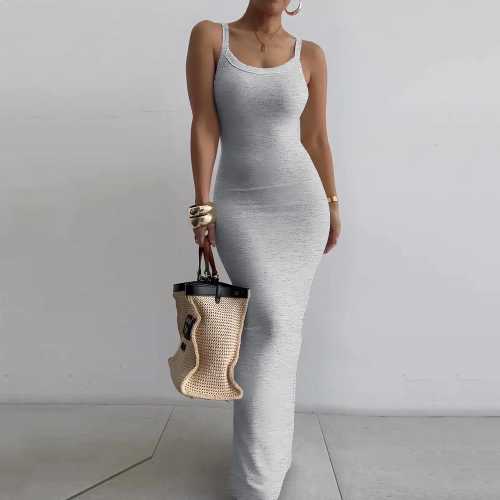 Womens Bodycon Maxi Dress Summer Sleeveless Long Dress For Beach Holiday Vacation Robes Femmes Solid Color Slim Fit Dresses 240822