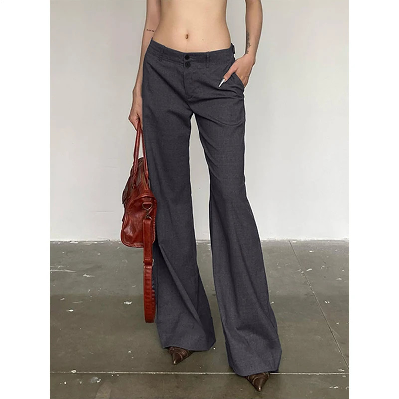 Summer Women Fashion Grey Suit Pants Streetwear 2000s Low Rise Button Up Loose Casual Pants Vintage y2k Trousers Korean Grunge 240821