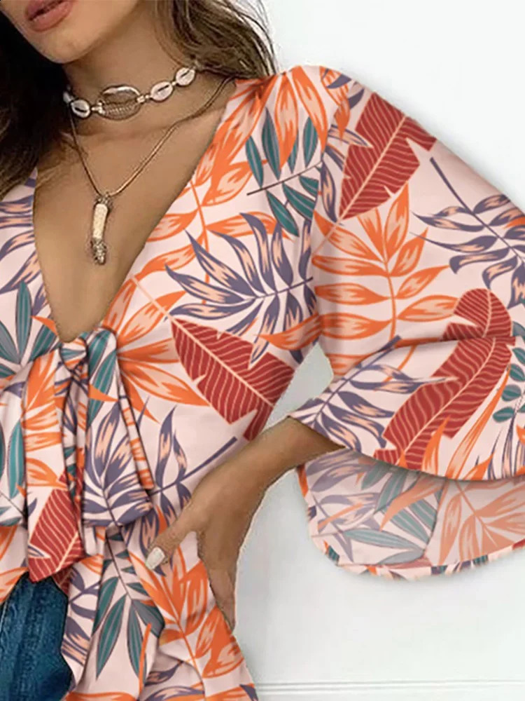 Womens casual shirt with tropical print and ruffled decorative tie front Bell sleeves top 240822