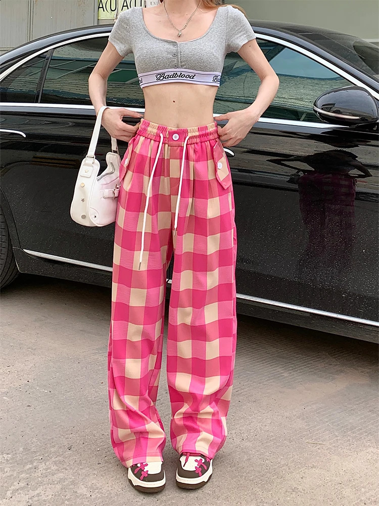 Womens Pink Plaid Pants Vintage Harajuku Y2k Aesthetic Retro Loose Pants Oversize High Waist Baggy Trousers 2000s Clothes 240821
