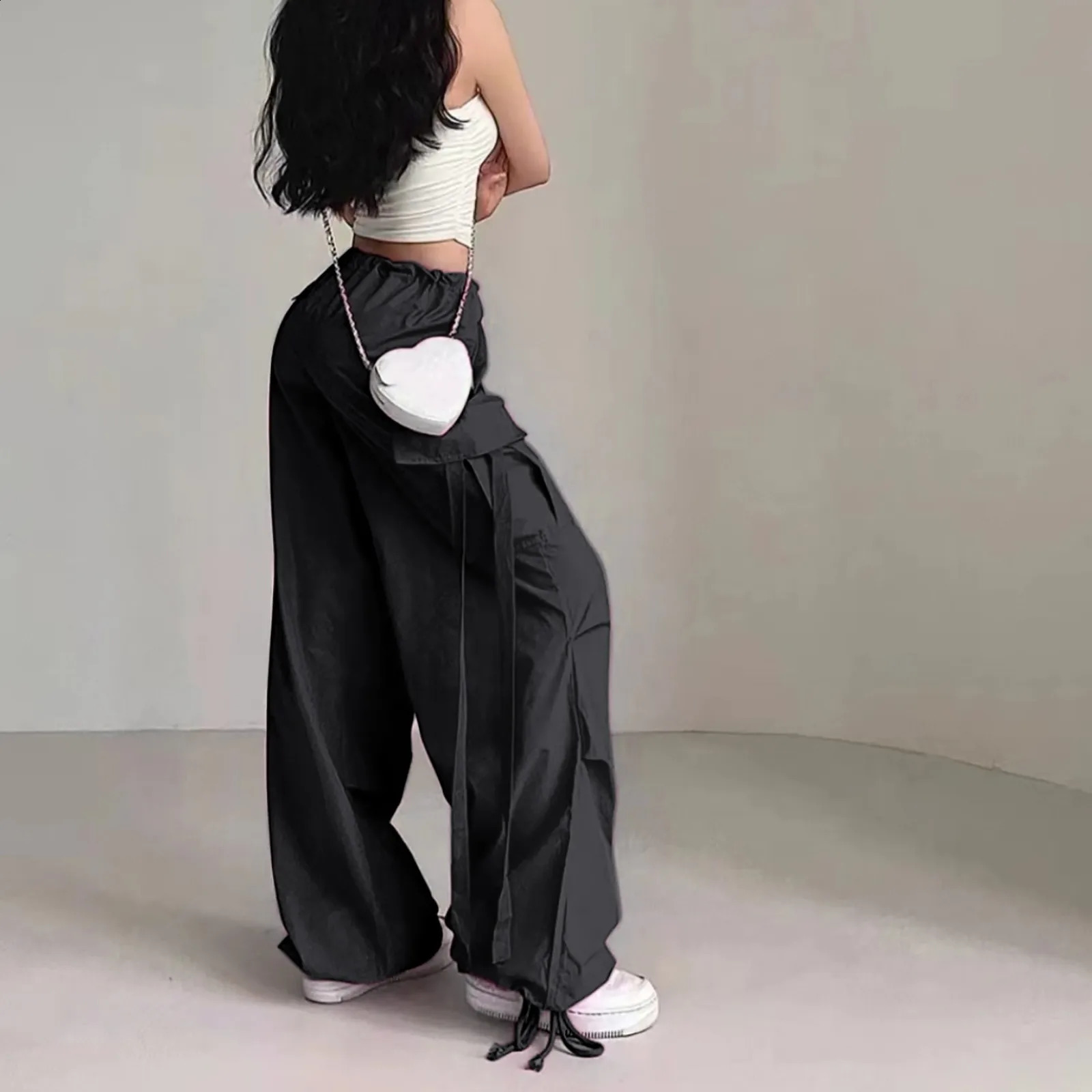 Y2k Cargo Pants Womens Sweatpants Drawstring Ribbon Low Rise Japanese 2000S Hip Hop Streetwear Clothes Baggy Parachute Pants 240821