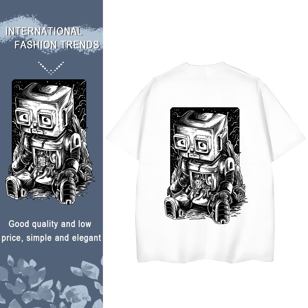 Fashion New T-Shirts 230g Pure Cotton Breathable Short Sleeve Beach robot Women Tees Unisex Anime Oversized Tops